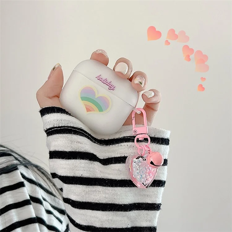 For Apple AirPods 3 Rainbow Heart Pattern Anti-drop Earphone Case Durable Soft TPU Protective Cover with Heart Pendant