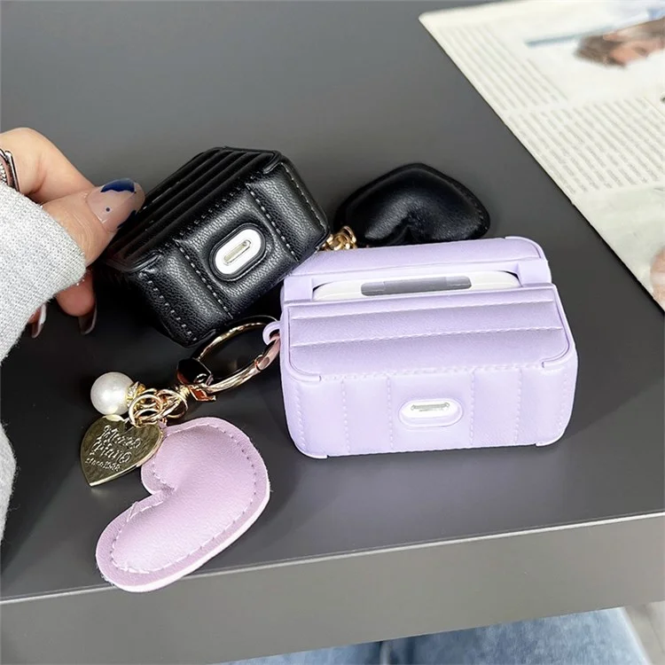 For Apple AirPods with Charging Case (2016) / (2019) / AirPods with Wireless Charging Case (2019) Down Jacket Pattern Earphone Case Stylish Leather+TPU Protective Cover with Heart Pendant - Purple