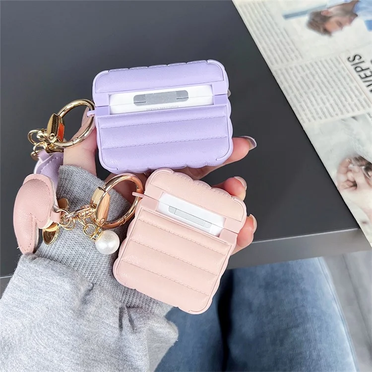 For Apple AirPods with Charging Case (2016) / (2019) / AirPods with Wireless Charging Case (2019) Down Jacket Pattern Earphone Case Stylish Leather+TPU Protective Cover with Heart Pendant - Purple