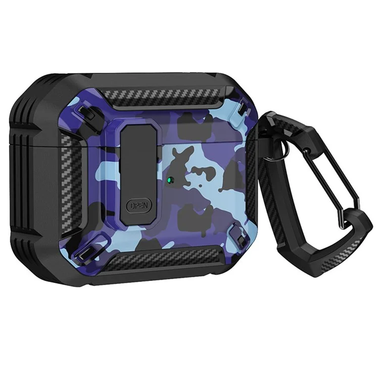 Para Apple AirPods Pro Soft TPU+PC Capa Bluetooth Earbuds Padrão de Caixa de Proteção Padrão Impressa Com Fivela - Preto / Camo Azul