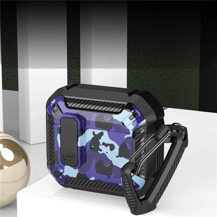 Para Apple AirPods Pro Soft TPU+PC Capa Bluetooth Earbuds Padrão de Caixa de Proteção Padrão Impressa Com Fivela - Preto / Camo Azul