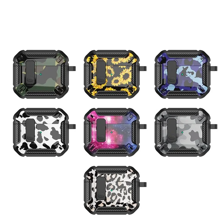 Para Apple AirPods Pro Soft TPU+PC Capa Bluetooth Earbuds Padrão de Caixa de Proteção Padrão Impressa Com Fivela - Preto / Camo Azul