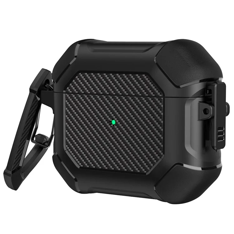 Per Apple AirPods 3 Carbon Fiber Pattern Protective Case Portable Bluetooth Earbuds Soft TPU+PC Cover with Buckle - Nero