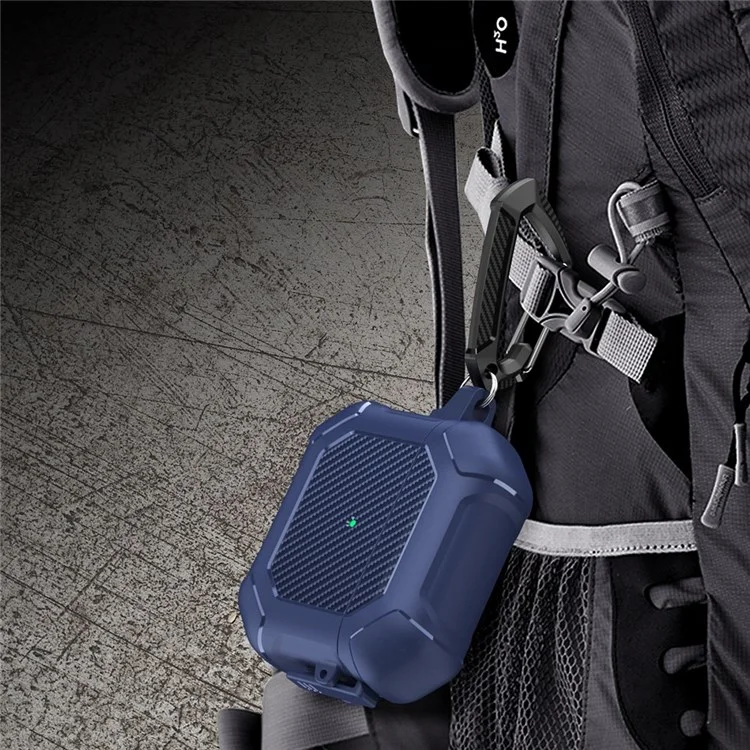 Per Apple AirPods 3 Carbon Fiber Pattern Protective Case Portable Bluetooth Earbuds Soft TPU+PC Cover with Buckle - Nero