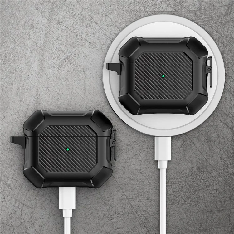 Per Apple AirPods 3 Carbon Fiber Pattern Protective Case Portable Bluetooth Earbuds Soft TPU+PC Cover with Buckle - Nero