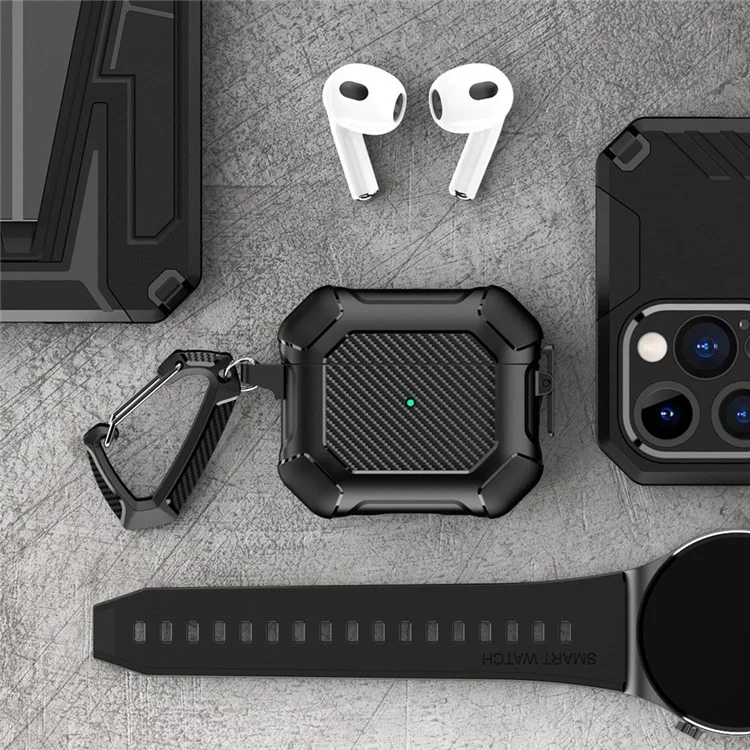 Per Apple AirPods 3 Carbon Fiber Pattern Protective Case Portable Bluetooth Earbuds Soft TPU+PC Cover with Buckle - Nero