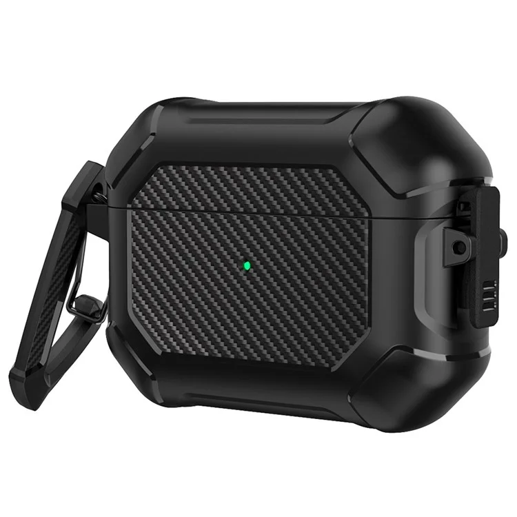 Per Apple AirPods Pro Carbon Fiber Anti-Drop Case Portatile Bluetooth Auricolari Morbido TPU+PC Cover con Fibbia - Nero
