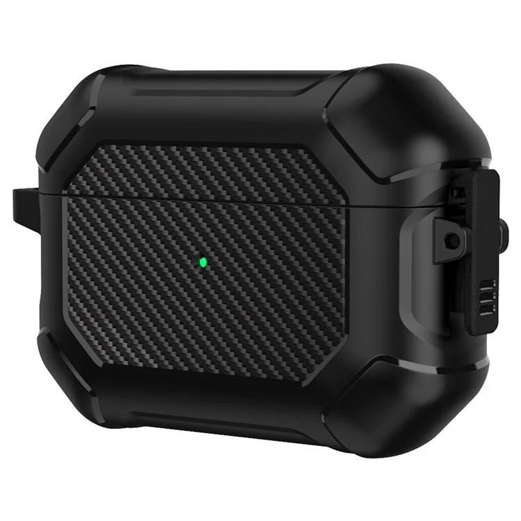 Per Apple AirPods Pro Carbon Fiber Anti-Drop Case Portatile Bluetooth Auricolari Morbido TPU+PC Cover con Fibbia - Nero
