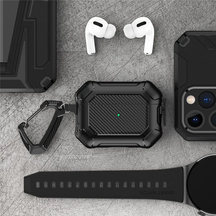 Per Apple AirPods Pro Carbon Fiber Anti-Drop Case Portatile Bluetooth Auricolari Morbido TPU+PC Cover con Fibbia - Nero