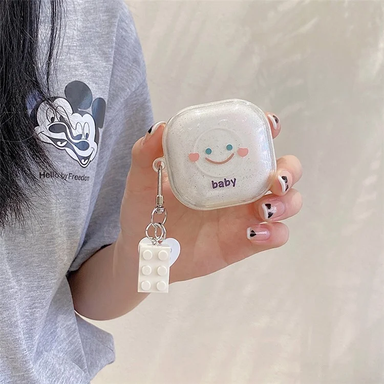 Pour Samsung Galaxy Buds Live / Buds Pro / Buds2 Transparent Earphone Case Soft TPU Clear Glitter Smile Face Pattern Protective Cover with Heart Pendant - Blanc