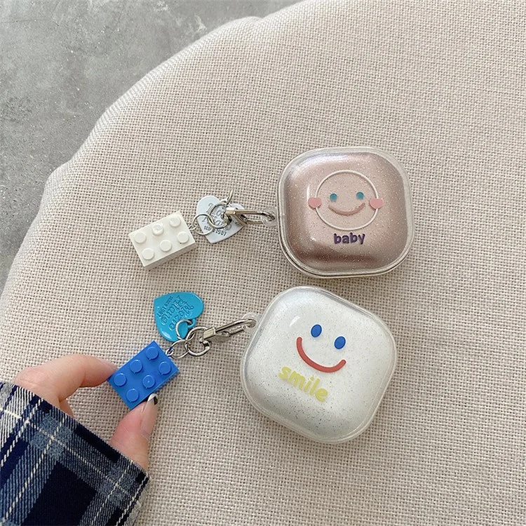 Pour Samsung Galaxy Buds Live / Buds Pro / Buds2 Transparent Earphone Case Soft TPU Clear Glitter Smile Face Pattern Protective Cover with Heart Pendant - Blanc
