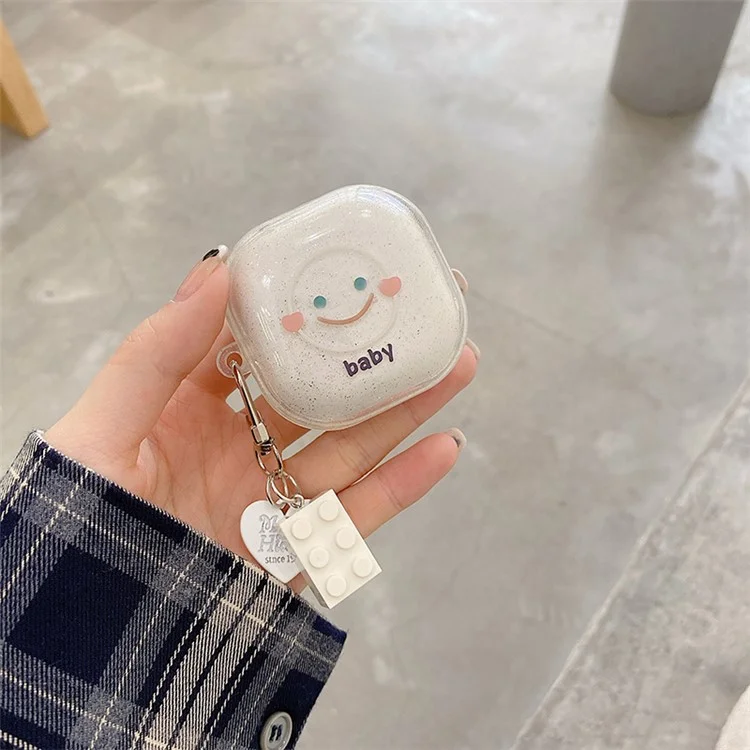 Pour Samsung Galaxy Buds Live / Buds Pro / Buds2 Transparent Earphone Case Soft TPU Clear Glitter Smile Face Pattern Protective Cover with Heart Pendant - Blanc