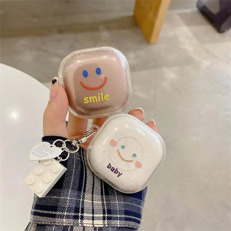 Pour Samsung Galaxy Buds Live / Buds Pro / Buds2 Transparent Earphone Case Soft TPU Clear Glitter Smile Face Pattern Protective Cover with Heart Pendant - Blanc