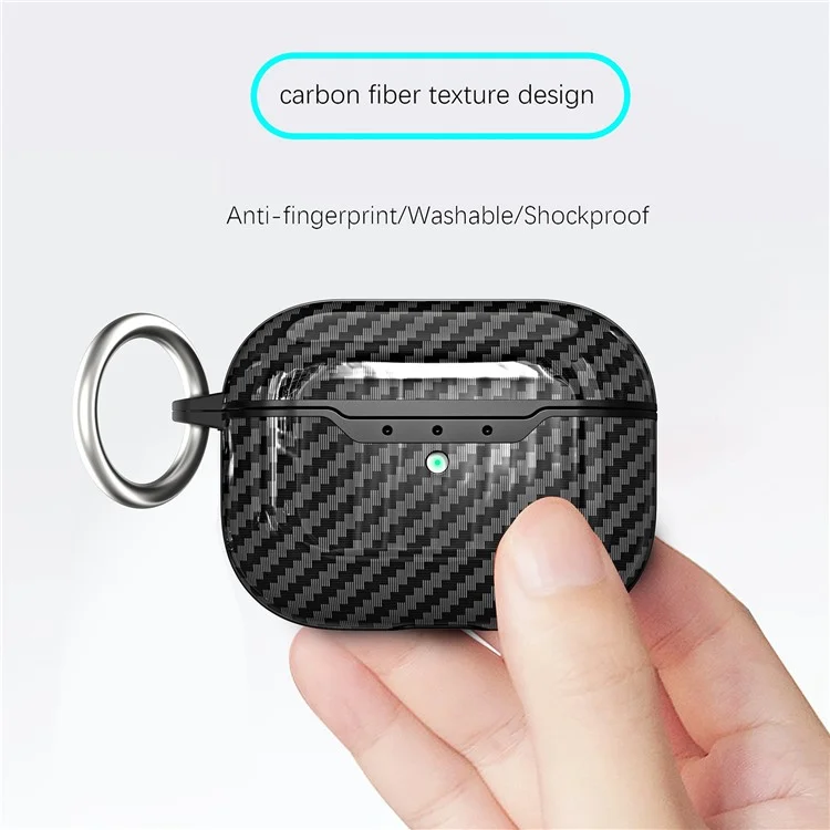 For AirPods Pro 2 Case Cover Carbon Fiber Protective Cover Portable Earbuds Anti-Drop TPU Case with Buckle - Black