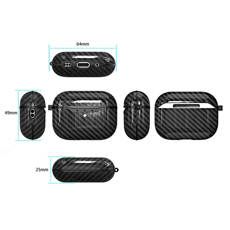 For AirPods Pro 2 Case Cover Carbon Fiber Protective Cover Portable Earbuds Anti-Drop TPU Case with Buckle - Black