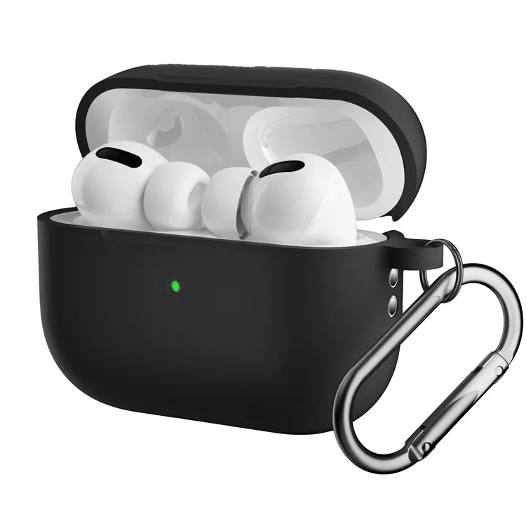 For AirPods Pro 2 Silicone Protective Case Scratch-Resistant Earpods Cover with Carabiner - Black