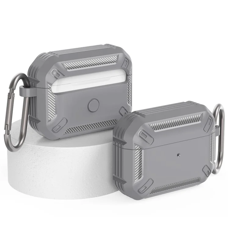 Para AirPods Pro (primera Generación) Textura de Fibra de Carbono Caso TPU Protección Completa Auriculares de Ajuste Delgado Con Llavero - Gris