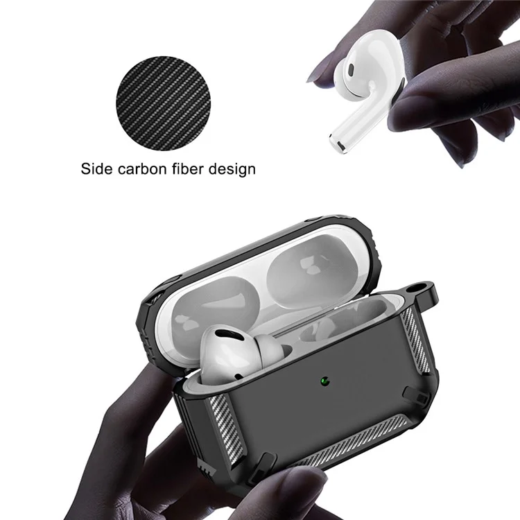 Para AirPods Pro (primera Generación) Textura de Fibra de Carbono Caso TPU Protección Completa Auriculares de Ajuste Delgado Con Llavero - Gris