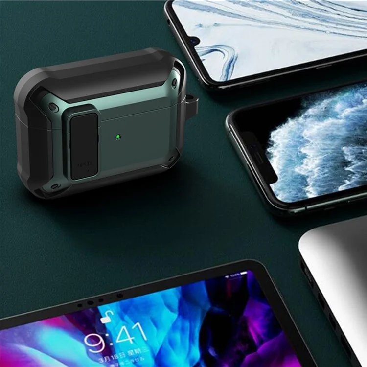 For AirPods Pro 2 Charging Case Cover Bluetooth-compatible Headset Protector Anti-Drop Cover Scratch Resistant Silicone+PC Case with Buckle / Lock - Black / Green