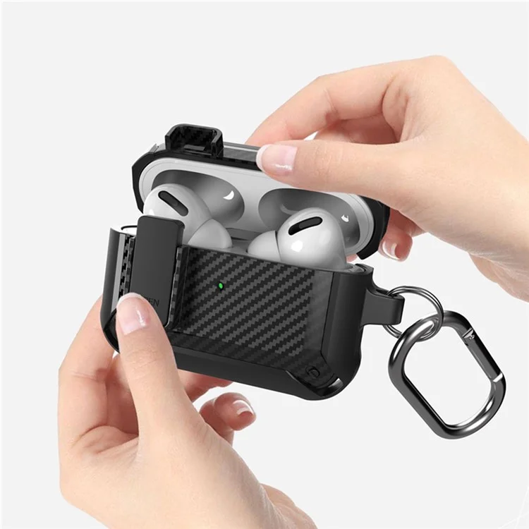 Для AirPods Pro 2 Углеродного Волокна Shock -ronese Case TPU+PC Защитная Крышка с Пряжкой - Черный