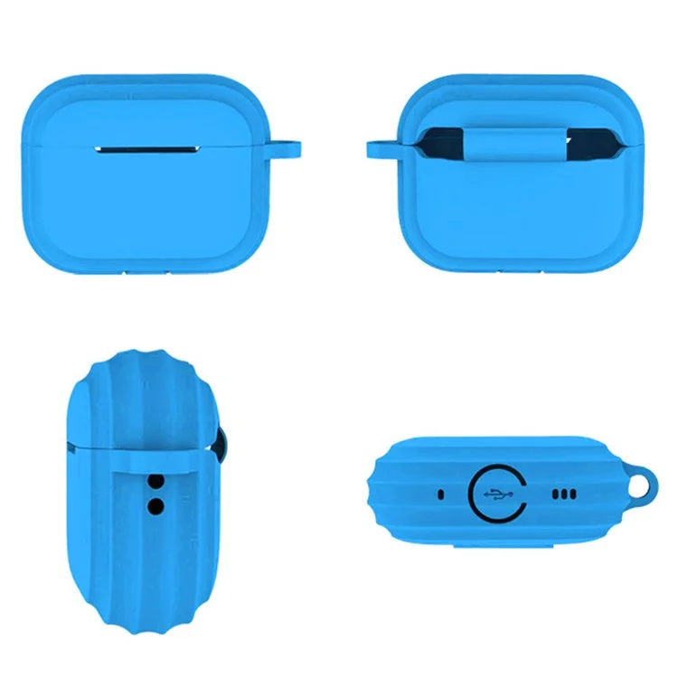 For AirPods Pro 2 Earphone Case Soft Silicone Full Body Protective Cover with Ring Carabiner Clip - Sky Blue
