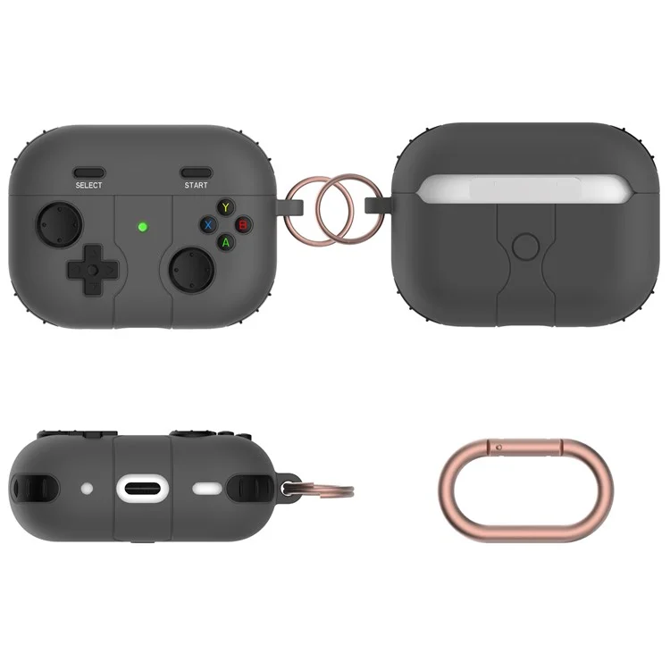 For Apple AirPods Pro 2 Gamepad Design Earphone Silicone Case Anti-drop Earbuds Protective Cover with Anti-lost Buckle - Black