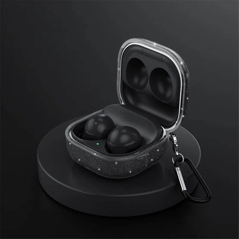 For Samsung Galaxy Buds Live / Buds Pro / Buds 2 / Buds 2 Pro Charging Case Cover Bluetooth-compatible Headset Protector Anti-Drop Glittery TPU Case with Buckle - Transparent Black