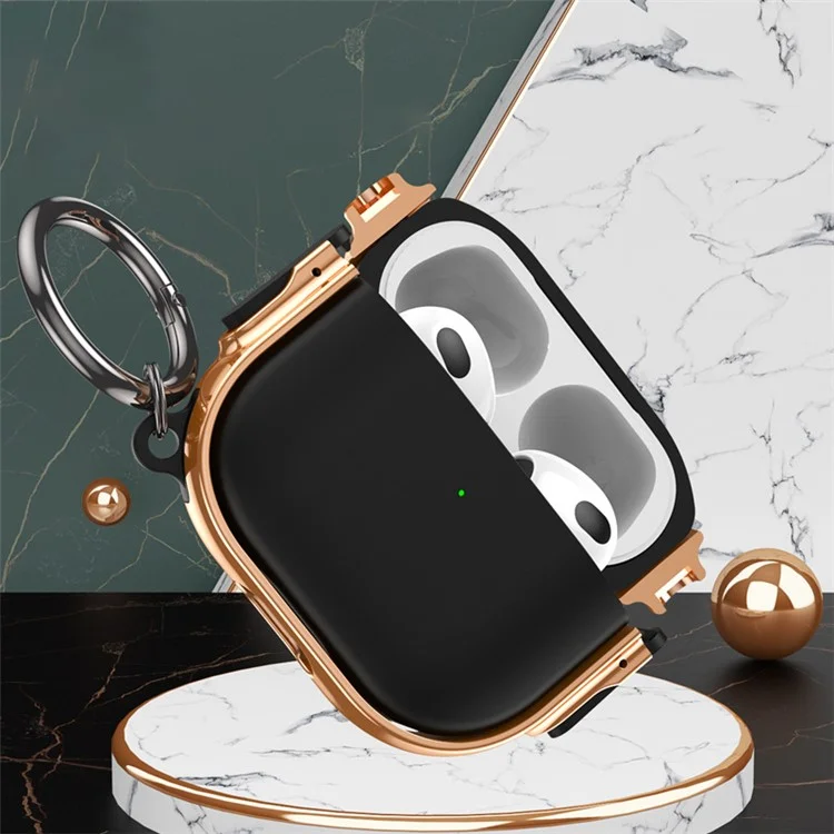 For Apple AirPods 3 Charging Case Cover Anti-Drop TPU+PC Electroplating Case Bluetooth-compatible Earbuds Protector with Dual Side Lock / Ring Buckle - Rose Gold / Green