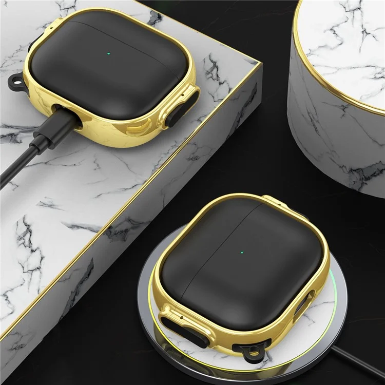 For Apple AirPods 3 Charging Case Cover Anti-Drop TPU+PC Electroplating Case Bluetooth-compatible Earbuds Protector with Dual Side Lock / Ring Buckle - Rose Gold / Green
