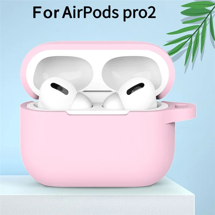For AirPods Pro 2 Thickened Silicone Skin Cover Shock-Absorbing Dustproof Earbuds Protective Case with Key Buckle - Rose Pink