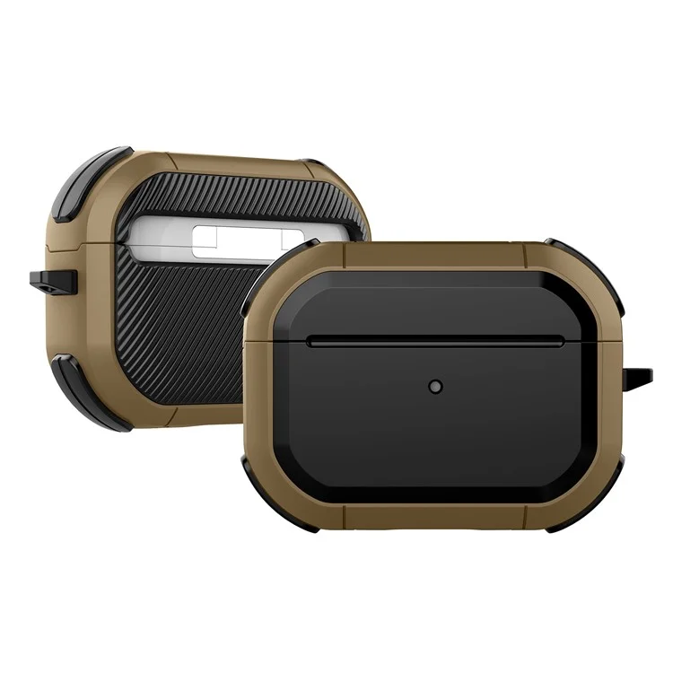 ZJ86 Thunder Armor Protection Case for Apple AirPods Pro 2 Earphone Charging Box, Hard PC+TPU Earbuds Cover with Hanging Ring - Black / Dark Brown