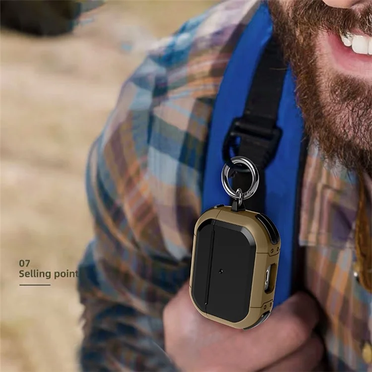 ZJ86 Thunder Armor Protection Case for Apple AirPods Pro 2 Earphone Charging Box, Hard PC+TPU Earbuds Cover with Hanging Ring - Black / Dark Brown