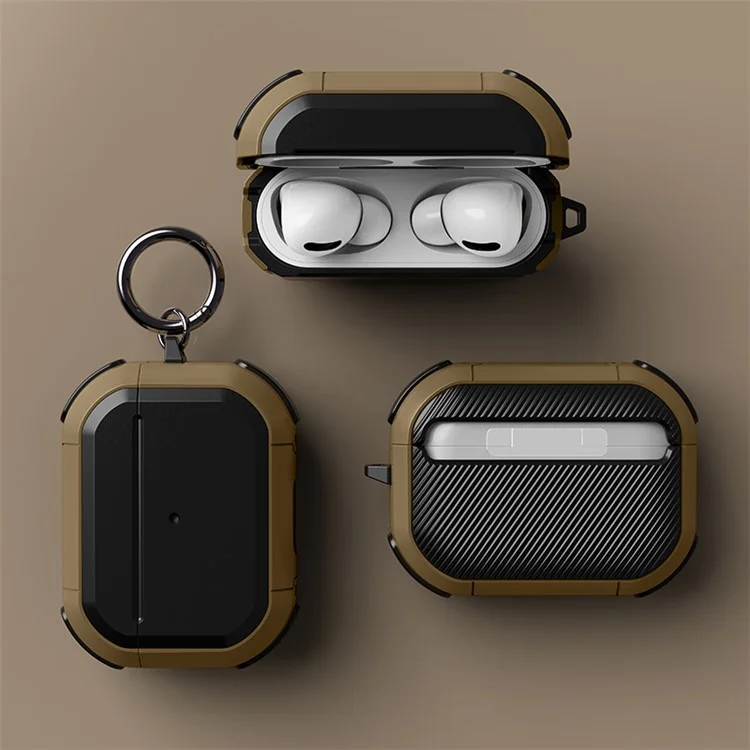 ZJ86 Thunder Armor Protection Case for Apple AirPods Pro 2 Earphone Charging Box, Hard PC+TPU Earbuds Cover with Hanging Ring - Black / Dark Brown