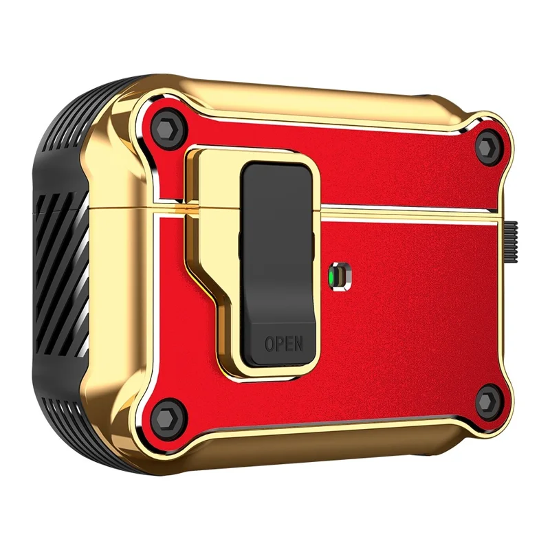 For Apple AirPods Pro Charging Case Cover Bluetooth-compatible Earbuds Shockproof Case TPU+PC + Hardware Protective Cover with Auto Opening Lock - Red