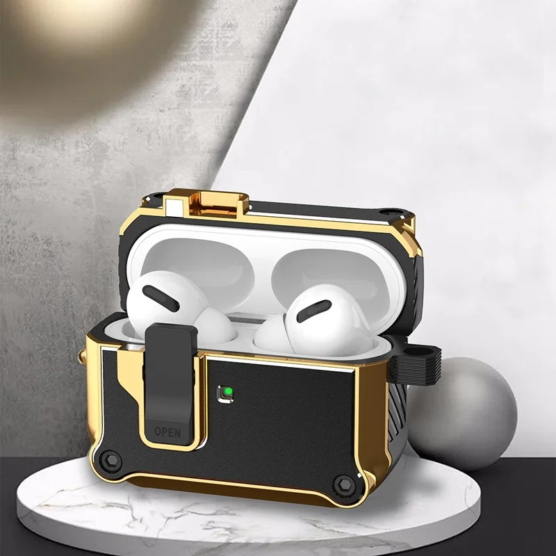 For Apple AirPods Pro Charging Case Cover Bluetooth-compatible Earbuds Shockproof Case TPU+PC + Hardware Protective Cover with Auto Opening Lock - Red