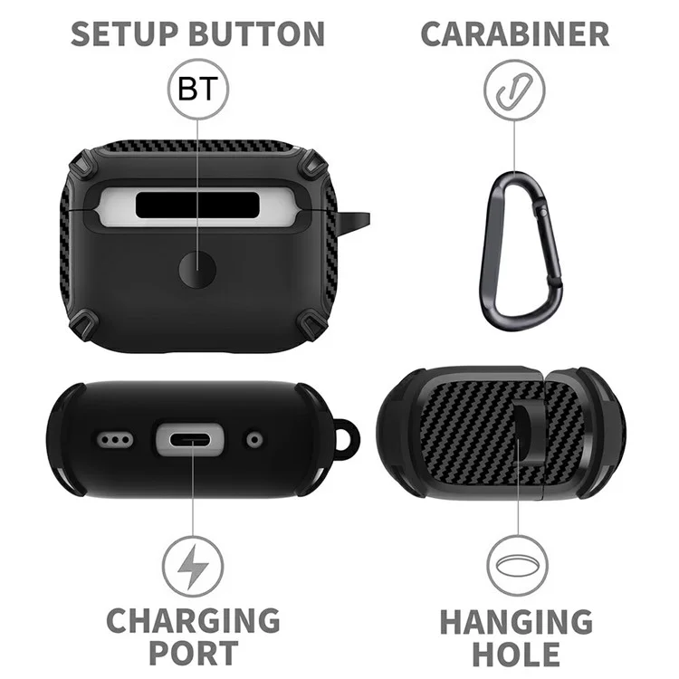 Per AirPods Pro 2 Bluetooth Earphone TPU Protective Case Carbon Fiber Texture Anti-drop Cover - Nero