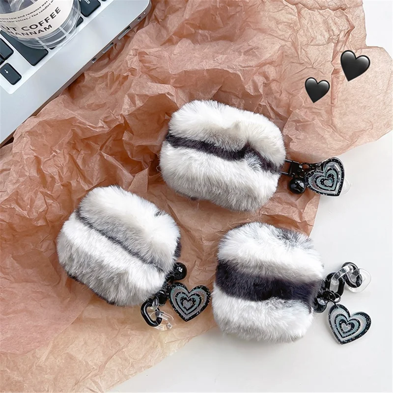 For Apple AirPods Pro Color Splicing Cute Plush Bluetooth-compatible Earphone Case Warm Anti-drop Cover with Heart Pendant - Black / White