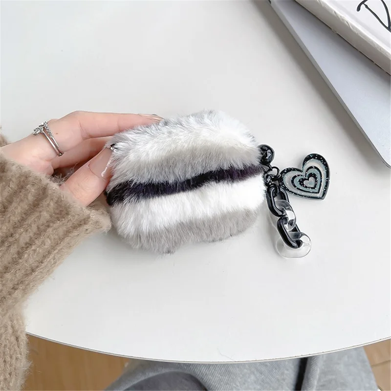 For Apple AirPods Pro Color Splicing Cute Plush Bluetooth-compatible Earphone Case Warm Anti-drop Cover with Heart Pendant - Black / White