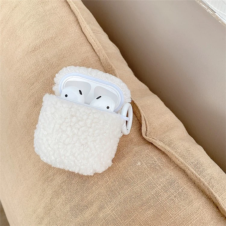 Pour Apple AirPods Avec Cas de Charge (2016) / (2019) / AirPods With Wireless Charging Case (2019) Couverture D'amortisseur Bluetooth Earbuds Protector Fluff + TPU Case Avec Boucle - Blanche