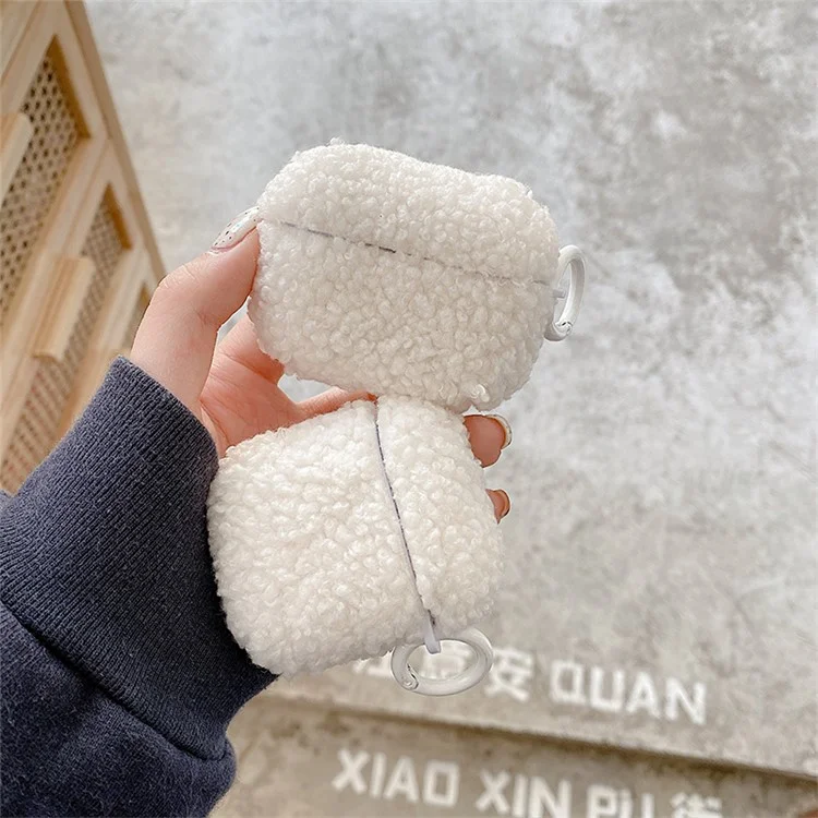 Pour Apple AirPods Avec Cas de Charge (2016) / (2019) / AirPods With Wireless Charging Case (2019) Couverture D'amortisseur Bluetooth Earbuds Protector Fluff + TPU Case Avec Boucle - Blanche