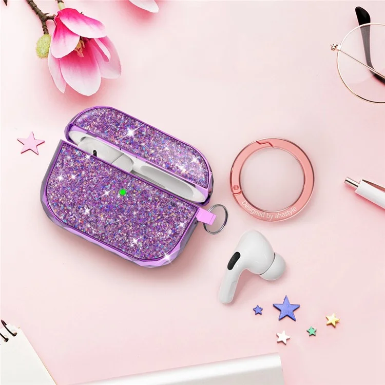 AHASTYLE PT119-PRO for Apple AirPods Pro 2 Twinkle Glitter Earbud Protective Case Separable ABS Anti-drop Earphone Cover with Carabiner - Purple