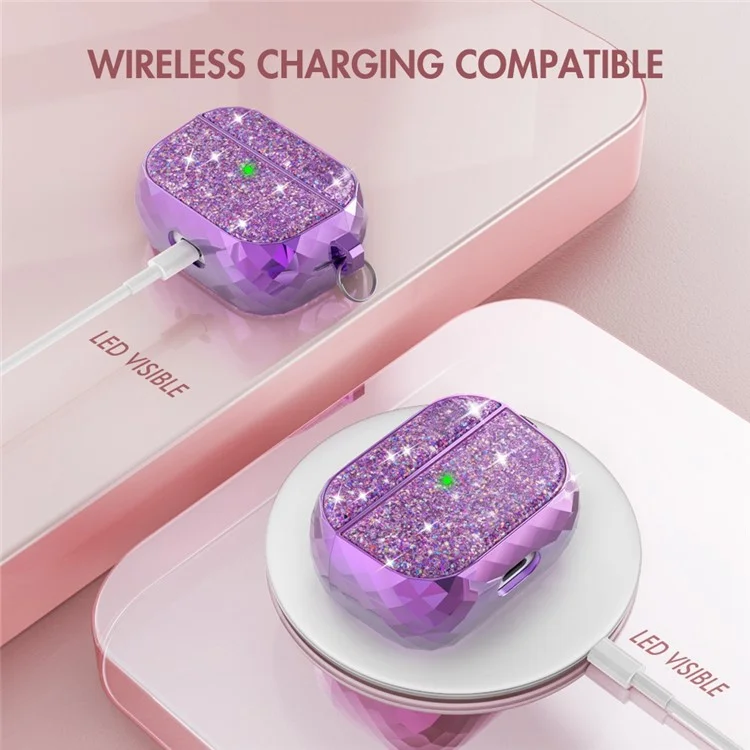 AHASTYLE PT119-PRO for Apple AirPods Pro 2 Twinkle Glitter Earbud Protective Case Separable ABS Anti-drop Earphone Cover with Carabiner - Purple