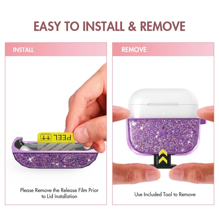 AHASTYLE PT119-PRO for Apple AirPods Pro 2 Twinkle Glitter Earbud Protective Case Separable ABS Anti-drop Earphone Cover with Carabiner - Purple