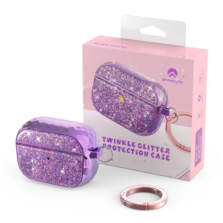 AHASTYLE PT119-PRO for Apple AirPods Pro 2 Twinkle Glitter Earbud Protective Case Separable ABS Anti-drop Earphone Cover with Carabiner - Purple