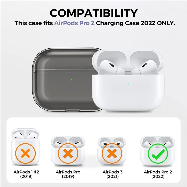 AHASTYLE WG94 для Apple AirPods Pro 2 Прозрачный TPU чехол для наушников Bluetooth Чехол для зарядки наушников Чехол с защитой от царапин со ремешком для переноски - Прозрачно-серый