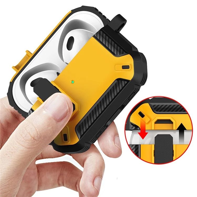 Pour Apple AirPods Pro 2 TPU + PC Étui de protection d'oreillette Boîtier de chargement Couvercle antichute avec mousqueton - Noir / Jaune