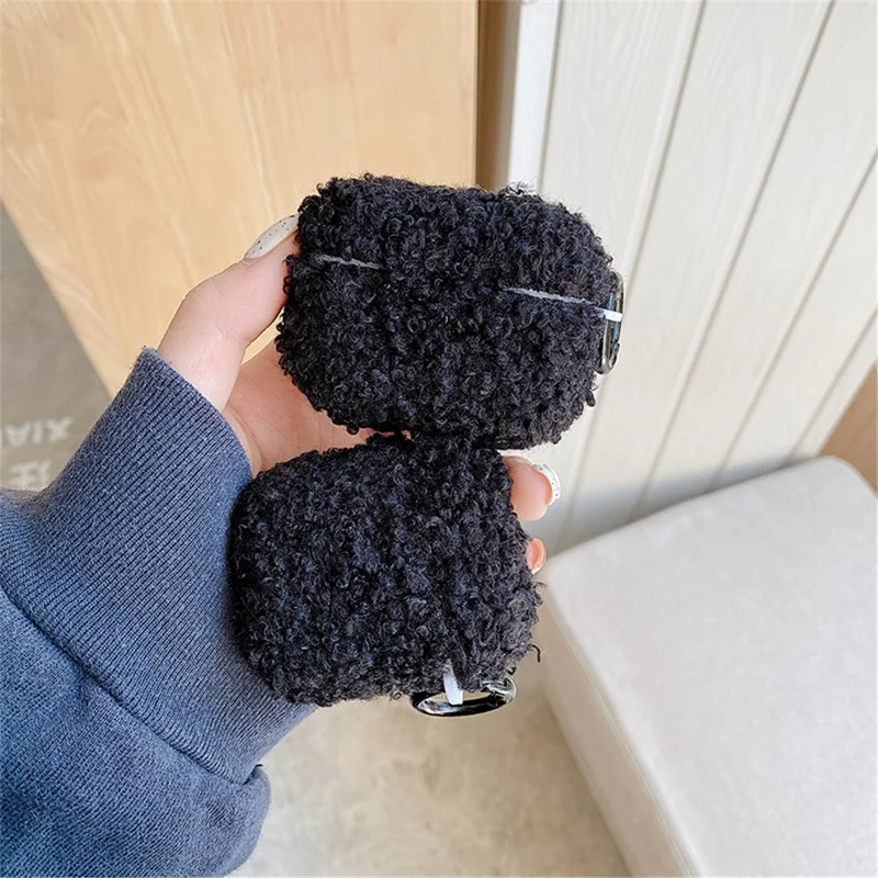 For Apple AirPods Pro 2 Solid Color Plush Earphone Case Bluetooth-compatible Earphone Earbud Anti-scratch TPU Cover with Buckle - Black