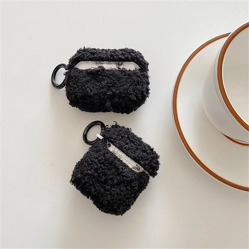 For Apple AirPods Pro 2 Solid Color Plush Earphone Case Bluetooth-compatible Earphone Earbud Anti-scratch TPU Cover with Buckle - Black