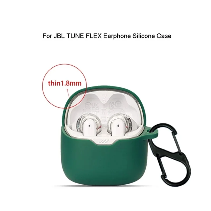 Drop Protection Case for JBL TUNE FLEX Earphone Charging Box, Silicone Soft Cover with Carrying Buckle - Dark Green