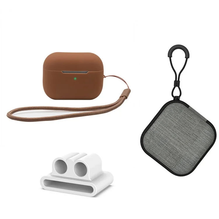 Для Apple AirPods Pro 2 Силиконовый Корпус Bluetooth Earphone Antip-cover + Ручная Ремешок + Лента Для Наушников + Ящик Для Хранения. - Коричневый